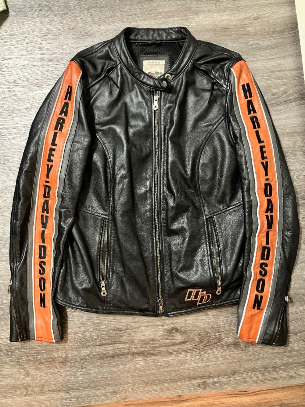 Harley Davidson Leather Riding Jacket Womens Large L Black Orange Striped Sleeve